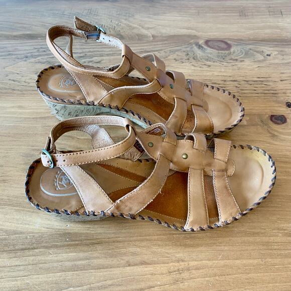 Ariat Women's Sandal Tan Leather Strappy Slide Buckle Strap Size 11B Heel - Picture 5 of 16